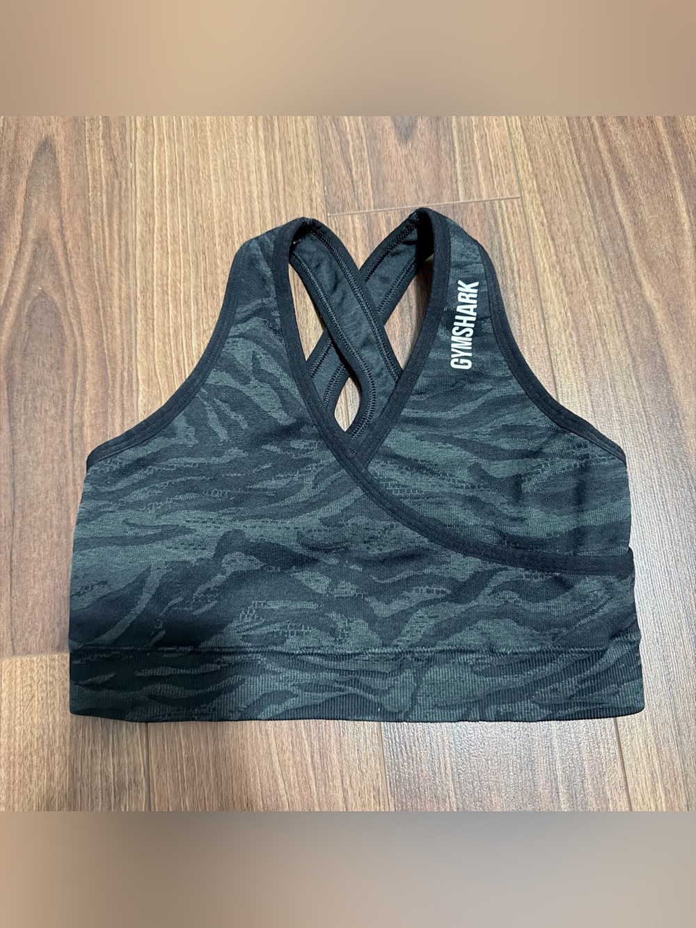 Gymshark Black Camo Crossback Sports Bra with Logo